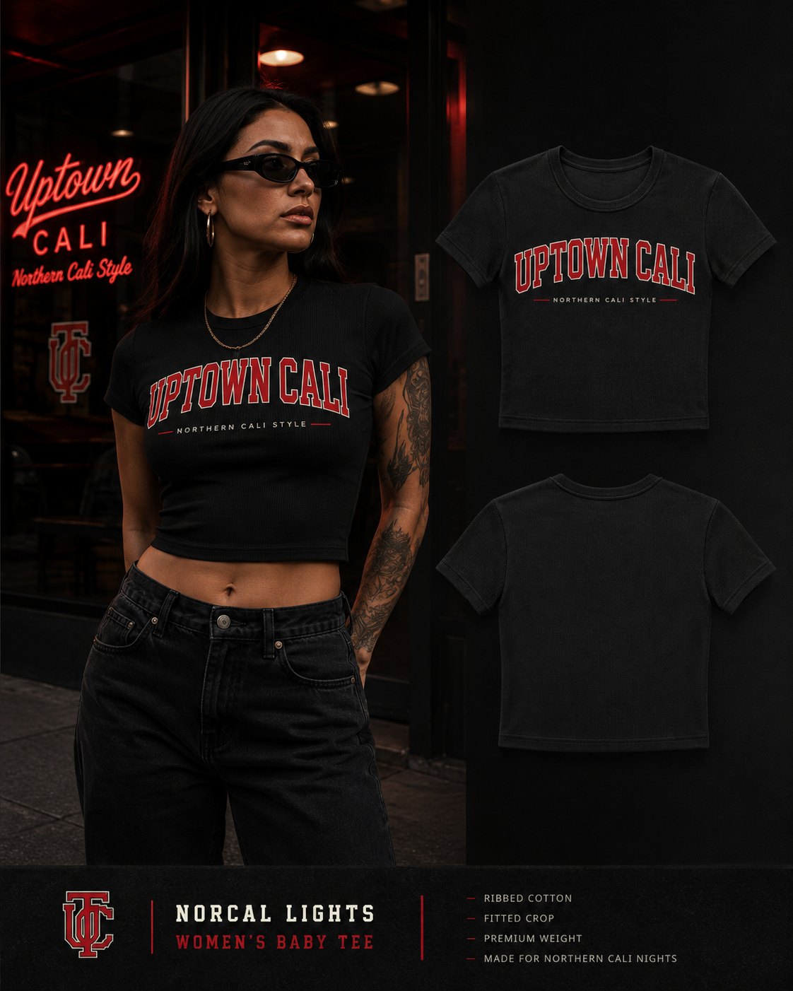Adult woman wearing a fitted black Uptown Cali baby tee beside front and back product views.